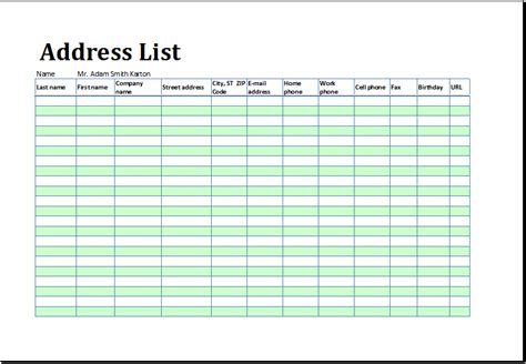excel address list template
