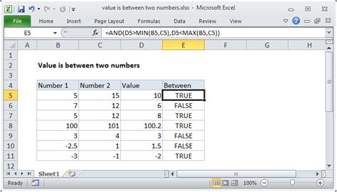 excel between two numbers function