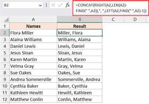 excel change name format comma