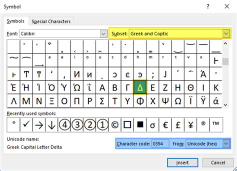 excel character code for delta