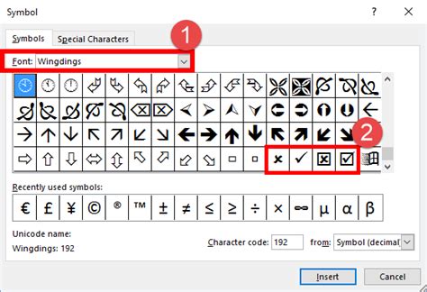 excel character code for tick
