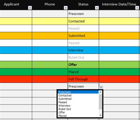 excel color coding drop down list