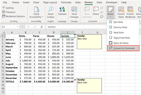 excel convert notes to cell