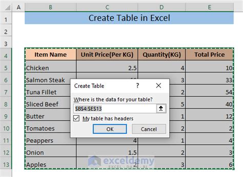 excel create data table shortcut