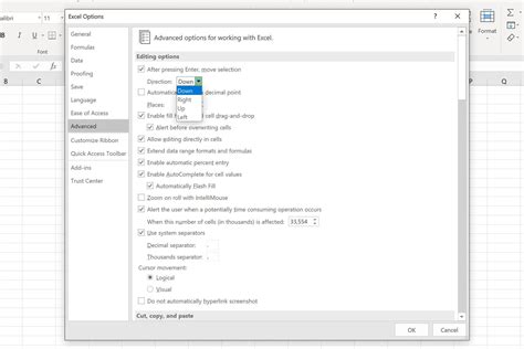 excel cursor settings