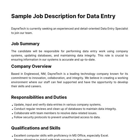 excel data entry job description