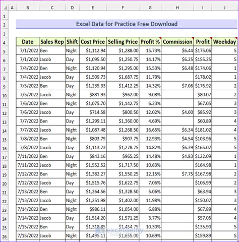 excel data table example download