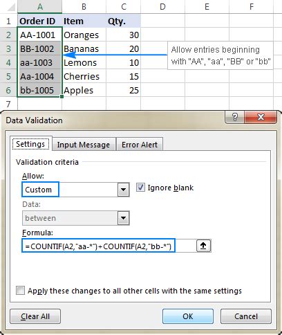 excel data validation formula not working