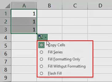excel default autofill options