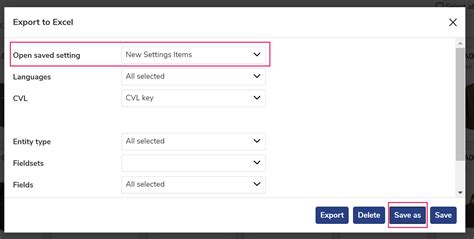 excel export settings