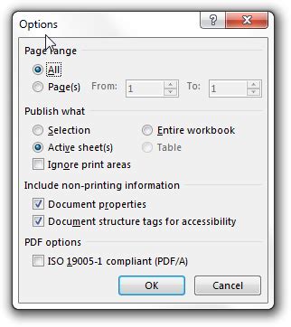 excel export to pdf settings