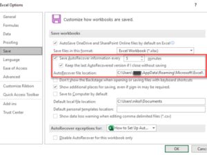 excel file auto save location