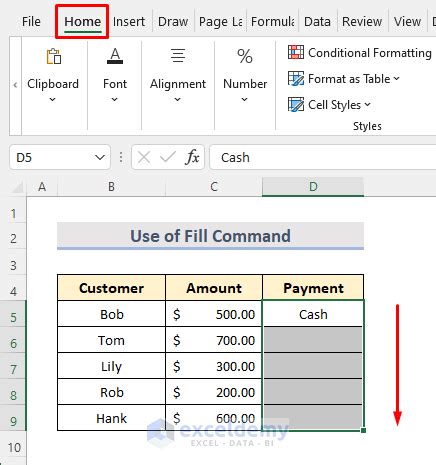 excel fill values down
