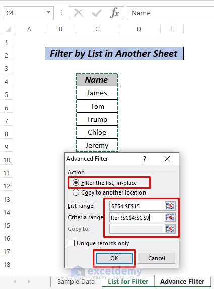 excel filter based on list from another sheet