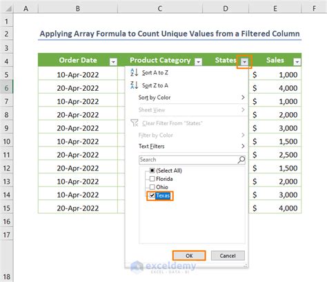 excel filter count unique values