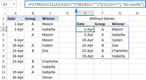 excel filter empty cells formula