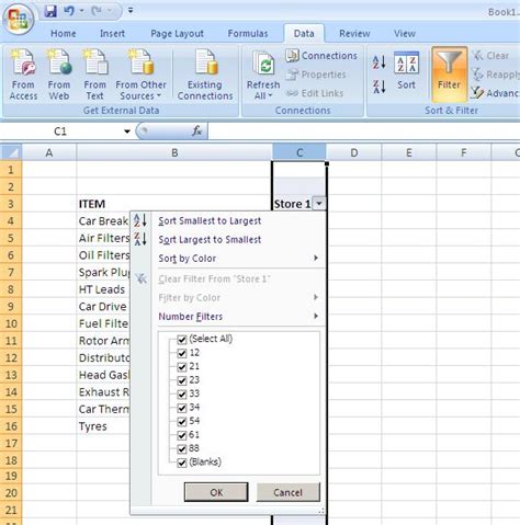 excel filter function not showing