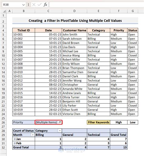 excel filter pivot table based on multiple cell values