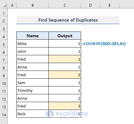 excel find duplicate names in one column