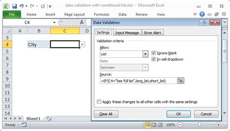 excel formula data validation list