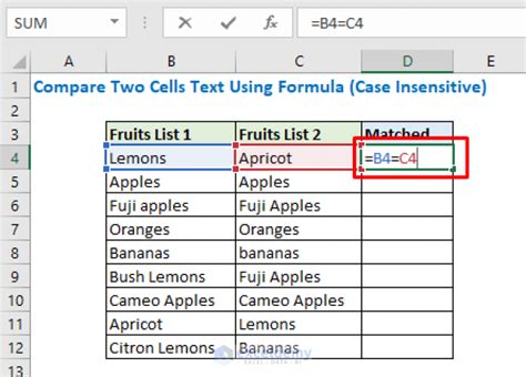 excel formula for comparing two cells text