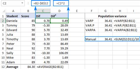excel formula for population variance