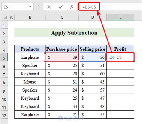 excel formula for subtraction between two columns