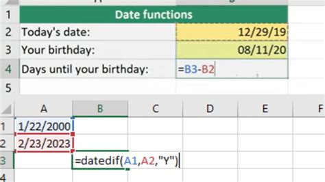 excel formula for subtraction of dates
