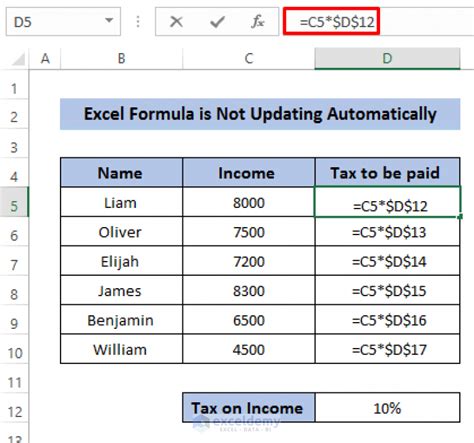 excel formula results not updating automatically