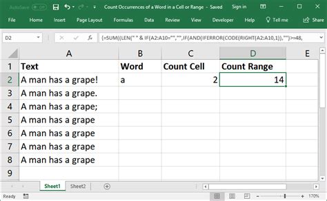 excel formula to calculate number of words in a cell