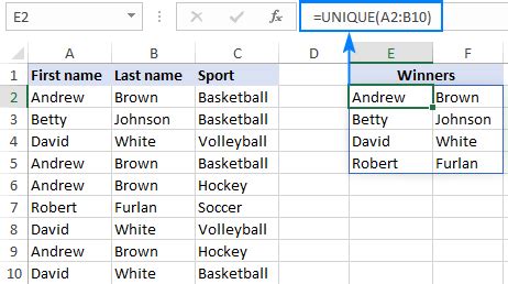 excel formula to find unique values in two columns
