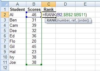 excel formula to rank a list of numbers