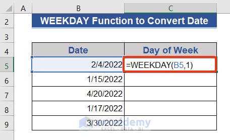 excel function convert date to day of week