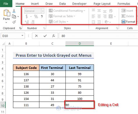 excel grayed out options
