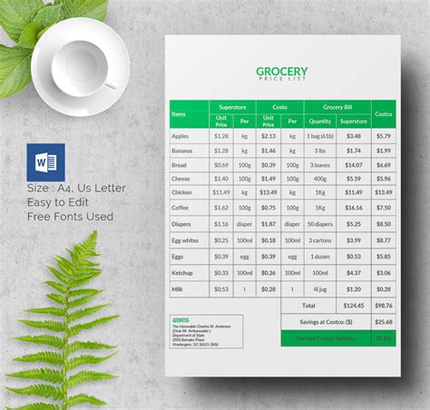 excel grocery price list template