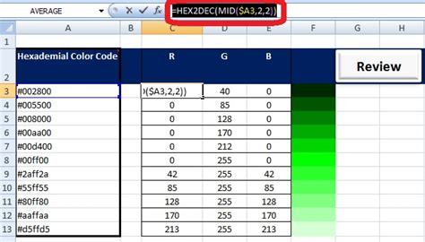 excel hex color codes formula