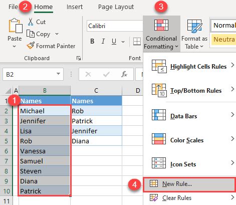 excel highlight cell if value is in another column