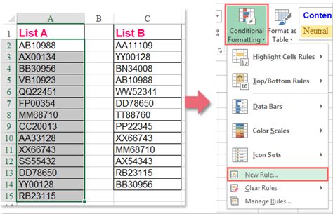 excel highlight cell if value is not in list