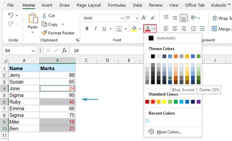 excel if then font color