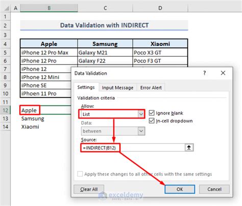 excel indirect formula data validation
