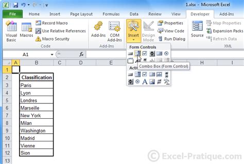 excel insert drop down list developer tab