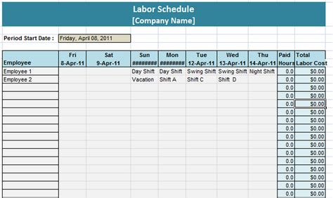excel labor schedule template