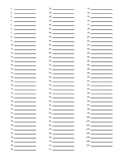 excel list of numbers 1-100