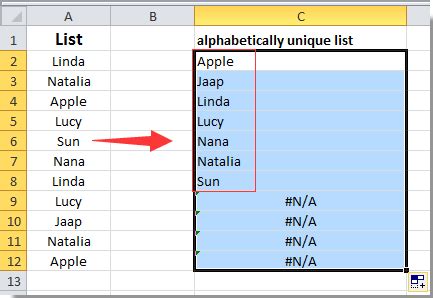 excel list unique values alphabetically