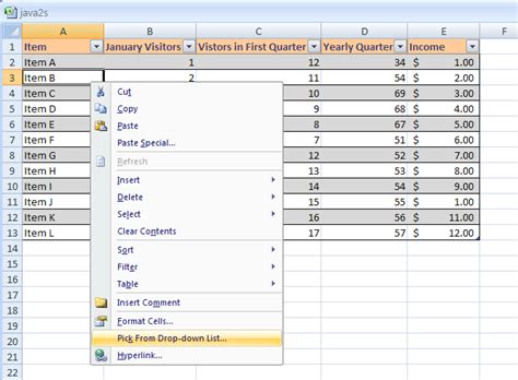 excel pick from drop down list right click