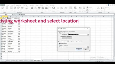 excel pivot table existing worksheet