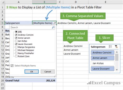 excel pivot table filter list of values
