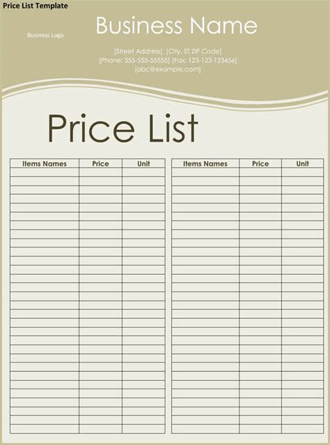 excel price list template word