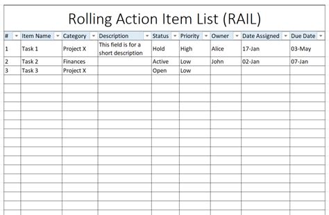 excel rolling action item list template