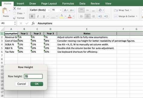 excel shortcut to format row height